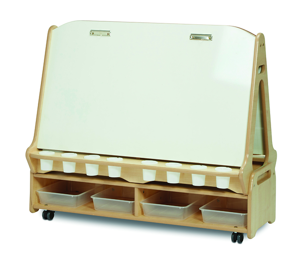 Doppelseitige Staffelei für Vier mit niedrigem Aufbewahrungswagen, ab 18 Monate, Varianten wählbar Doppelseitige Staffelei für Vier mit niedrigem Aufbewahrungswagen, ab 18 Monate, Varianten wählbar