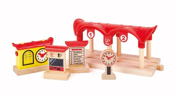 Holzspielzeug, Spielzeugbahnhof, Uhr Spielzeug, Signalmasten, Bushaltestellenbrett