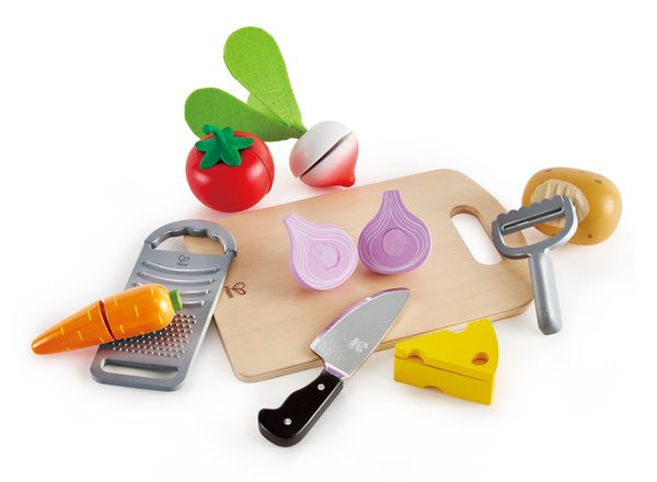 toy, kitchen set, pretend play, cutting board, vegetables