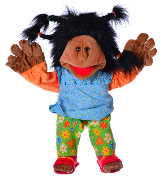 Plüschfigur, Handpuppe, bunte Hose, orangefarbene Ärmel, blaues Oberteil