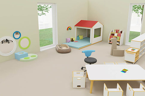 Spielraum in der Krippe mit Tisch und Spielecke