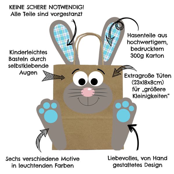 Osterhasentüten XXL, 6 Stück, bunt gemischt - Bastelset (SONDERANGEBOT)