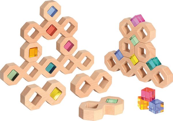 Holzbausteine, Bausteine, Tangram-Set, Ringsystem, Farbsteine