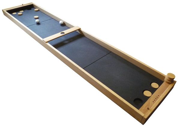 shuffleboard, tisch, erwachsenenspiel, holzrahmen, pucks und bälle