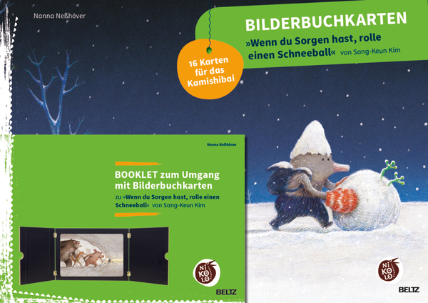 Kinderbuch, Bilderbuchkarten, Winterbild, Schneemann, Nacht