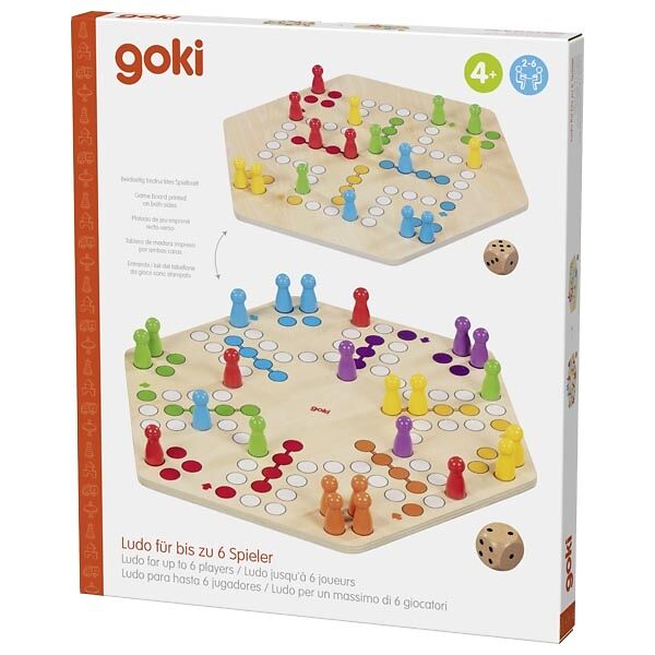 GOKI Brettspiel Ludo, für 6 Spieler, aus Holz, 34 x 34 cm, ab 4 Jahre