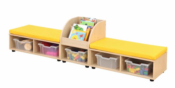 modular bench, children furniture, book shelf, toy storage, yellow cushions