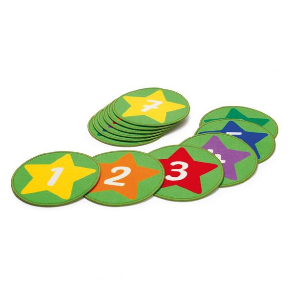 puzzle tiles, number tokens, star shapes, colorful discs, round tokens