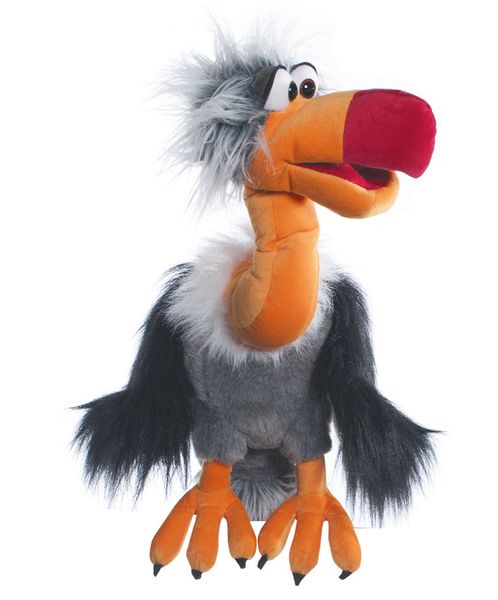 Plüschfigur, Handpuppe, orangener Schnabel, grauer Körper, gefieder