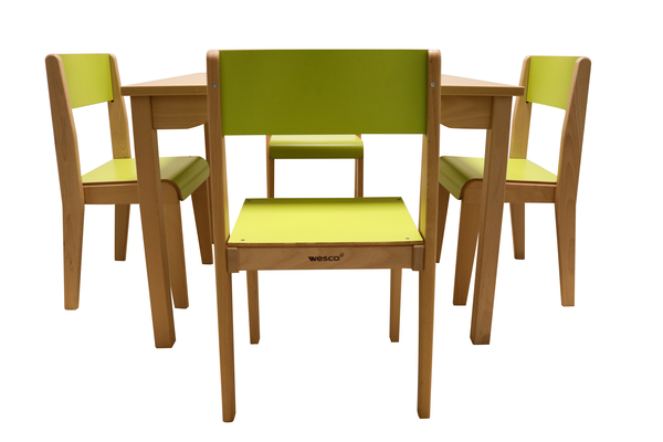 Tisch-Stuhl-Kombination, 1 quadratischer Tisch (80 x 80 cm) + 4 Holzstühle, Farbe wählbar Tisch-Stuhl-Kombination, 1 quadratischer Tisch (80 x 80 cm) + 4 Holzstühle, Farbe wählbar