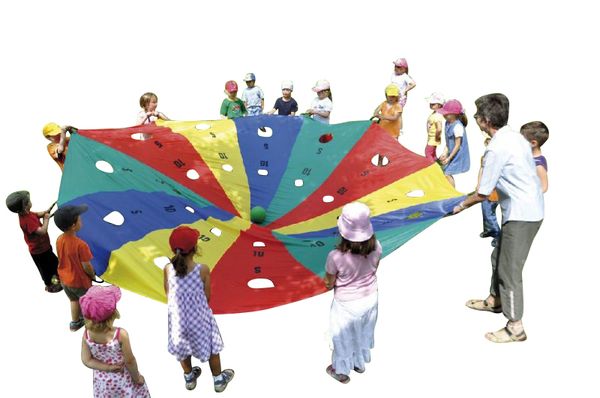 parachute, kinder, gruppe, spielen, outdoor-aktivität
