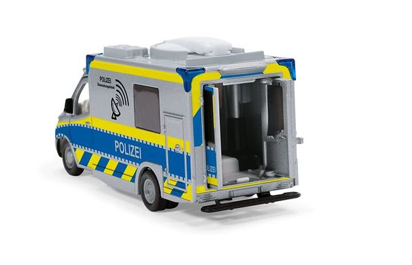 Polizei-Transporter, Polizeifahrzeug, Kastenwagen, Gelb-Blau, Rücksitzklappe geöffnet