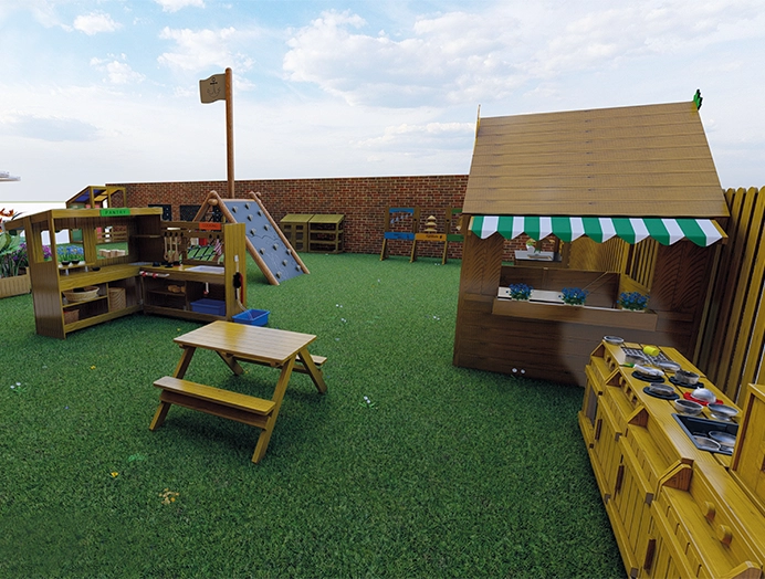 Außenspielanlage mit Sitzbank und Outdoor-spielküche