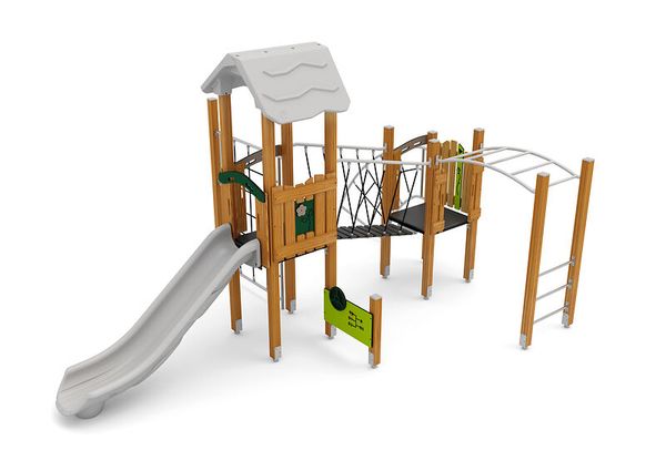 Überdachter Turm mit Rutsche, Kletternetz und Hangelelementen