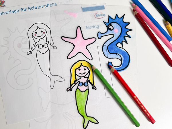 Meerjungfrau, Meerjungfraufigur, Coloring-Board, Malvorlage, Schrumpffolie