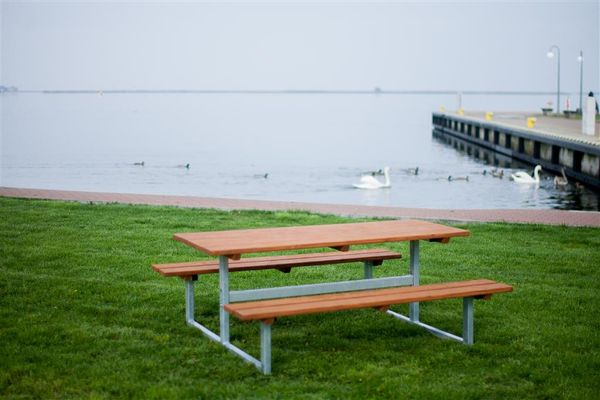 Picknicktisch, Holztisch, Metallgestell, Gras, Seeufer