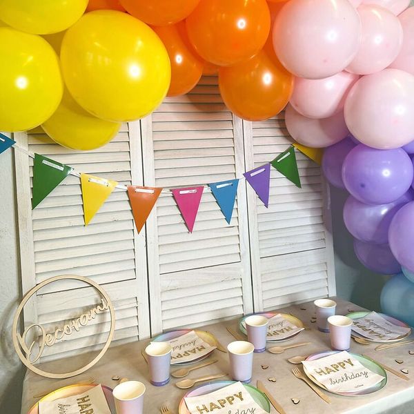 balloons, balloon arch, party decor, colorful balloons, banner flags