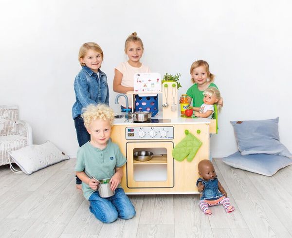 Kinderküche, Küchen-Spielset, Holzküche, Kochgeschirr, Spielzeugtafel