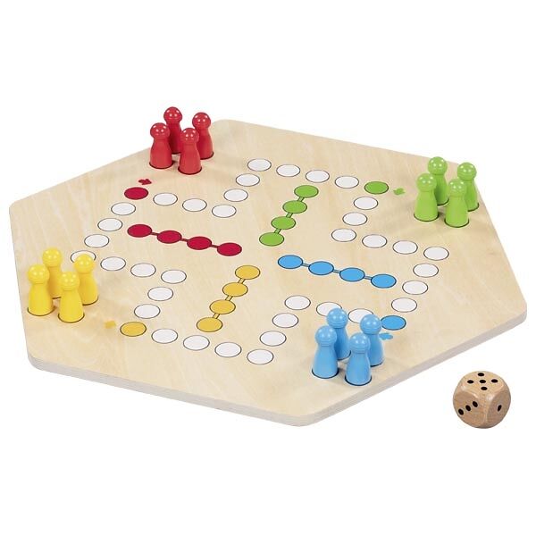 GOKI Brettspiel Ludo, für 6 Spieler, aus Holz, 34 x 34 cm, ab 4 Jahre
