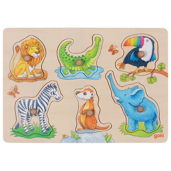 GOKI Steckpuzzle wilde Tierbabies mit Elternteil, 6 Teile, Holz, ab 1 Jahr