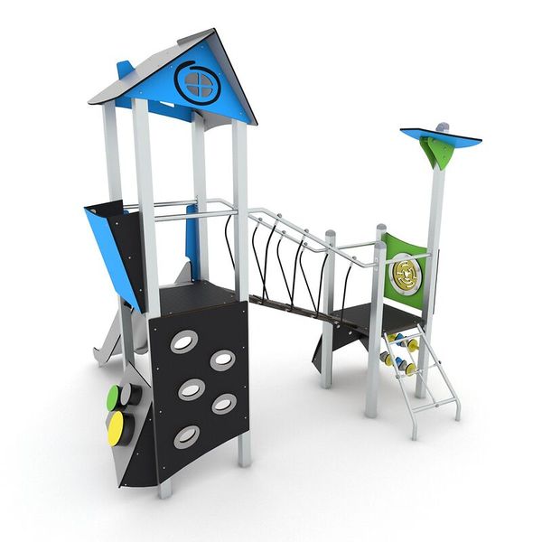 Spielgerät, Kletterturm, Spielplatz, Klettermodul, Grau-Schwarz-Rrot-Grün-Akzente