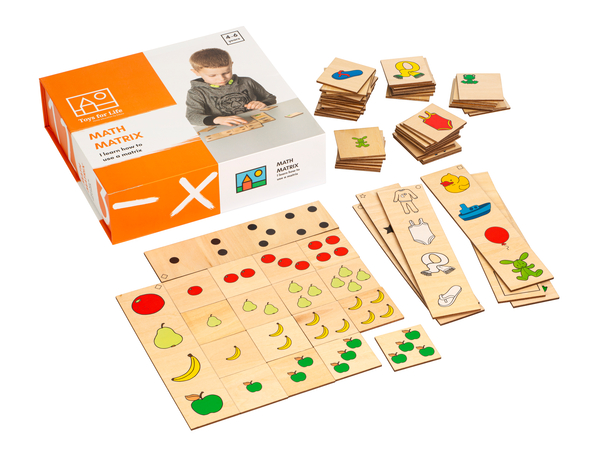 mathematik-matrix, holzplättchen, frucht-muster, kinderspiel, holzbox