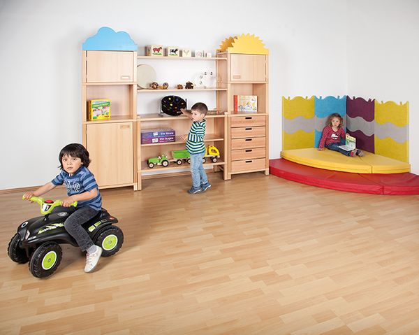 playroom, kids, toy storage, wooden shelves, ride-on toy