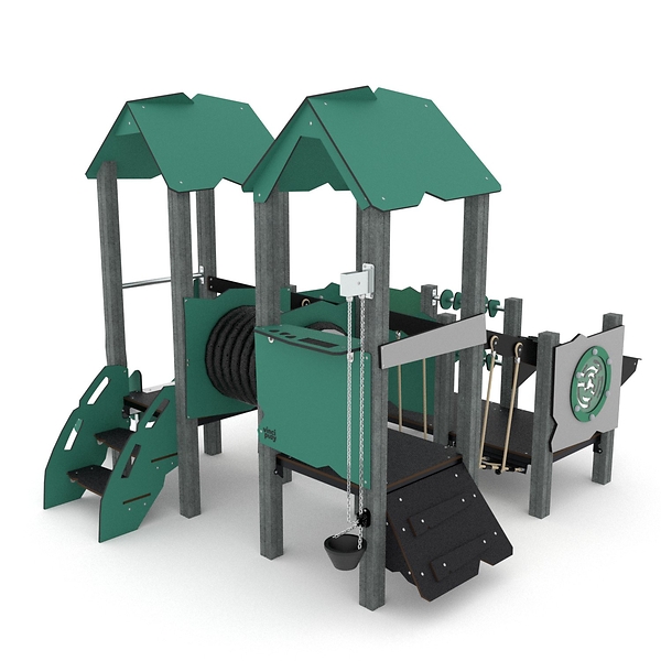 Kletterspielplatz, Holzspielplatz, Röhre, Peitschenrolle, Wippe