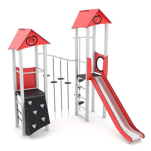 Spielplatz, Klettergerüst, Rutsche, Holz/Metall-Kombination, Schaukelpfad