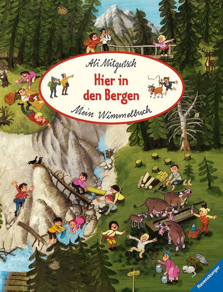 Kinderbuch, Berglandschaft, Wimmelbuch, Menschenfiguren, Tiere