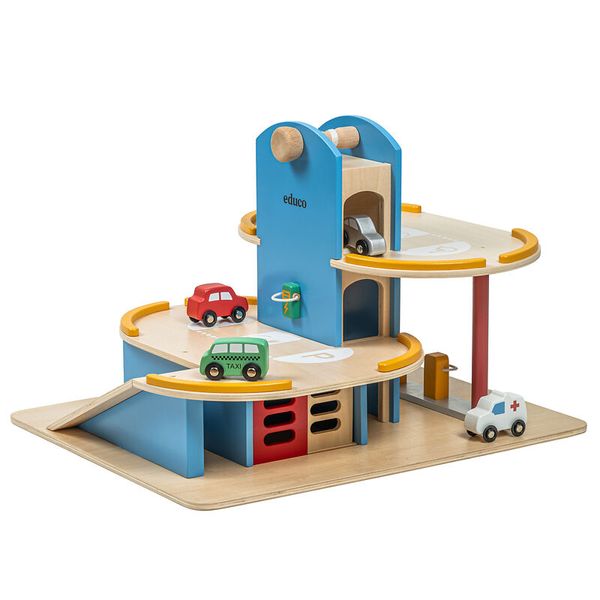 EDUCO Parkhaus aus Holz mit Aufzug und Hubschrauberlandeplatz (36 x 66 x 48 cm)