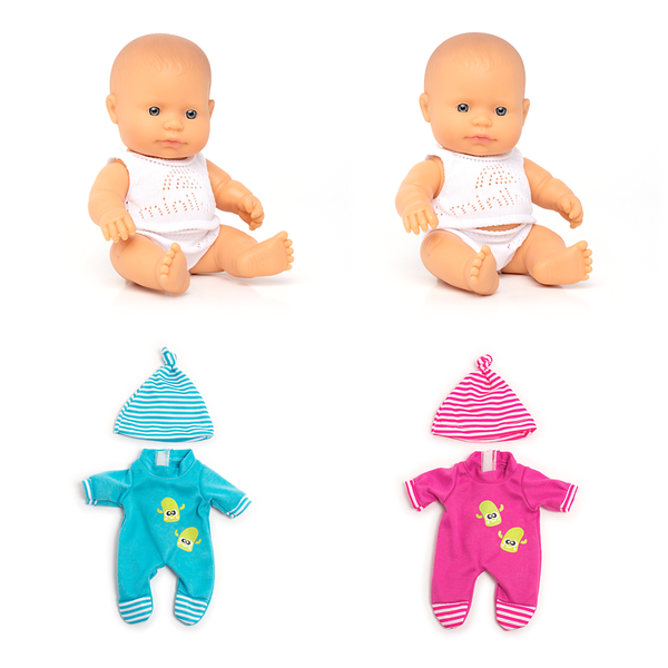 Kiga Baby Puppen mini-Set inkl. Kleidung, 21 cm, 6-tlg. Kiga Baby Puppen mini-Set inkl. Kleidung, 21 cm, 6-tlg.