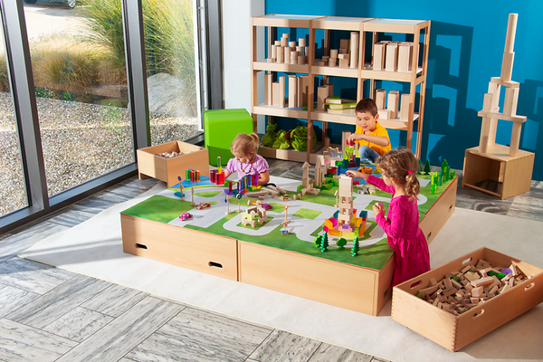 Kinderspieltisch, Holz, Spielteppich, Straßenmotiv, Aufbewahrungsschubladen