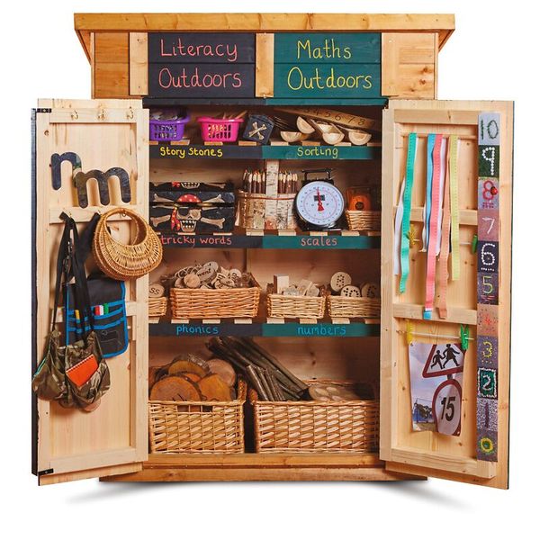 Holzregal, Lernschrank, Schiefertafeln, Unterrichtsmaterial, Korkstreifen