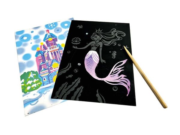 Kratzpapier „Motive“, 30 Blätter (20 x 14 cm), 15 verschiedenen Motive + 30 Kratzstifte