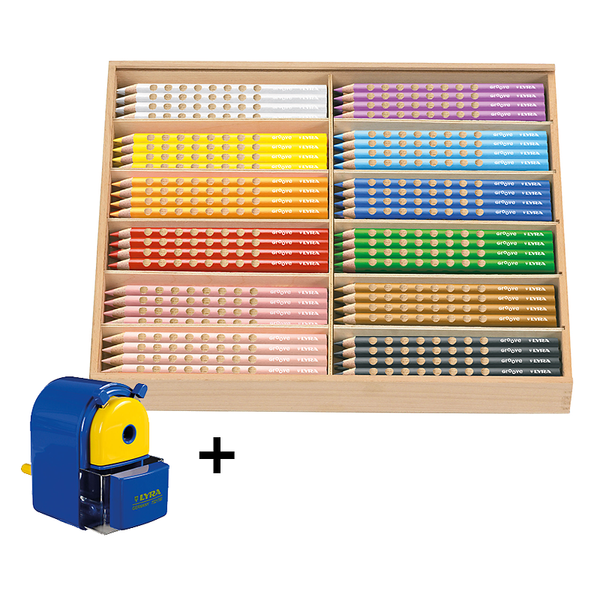 LYRA Groove Jumbo Dreikant-Buntstifte, in 12 Farben sortiert, 144 Stück in Holzbox + Spitzmaschine