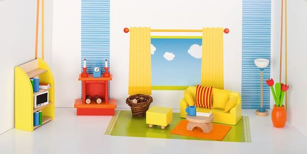 Spielzimmer-Deko, Miniaturzimmer, Wohnzimmer-Setup, Kissen, Fenster-Gardine