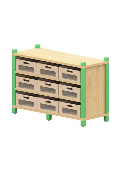 BasicPlus Stollenschrank, mit 9 Materialkästen mit Acrylglasfront und 2 festen Böden 