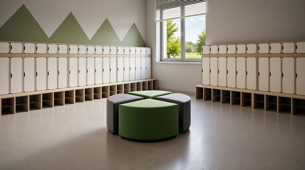 Schließfächer, Umkleide, Boxen, Stauraum, Sitzgruppe