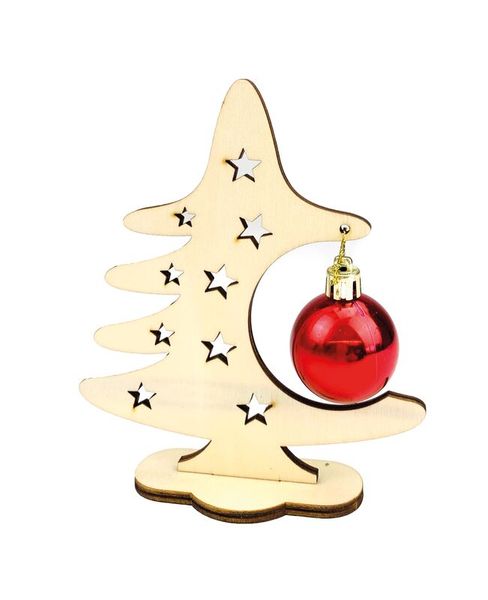 holzdeko, weihnachtsbaum, sternchen, rote kegelkugel, baum ornament