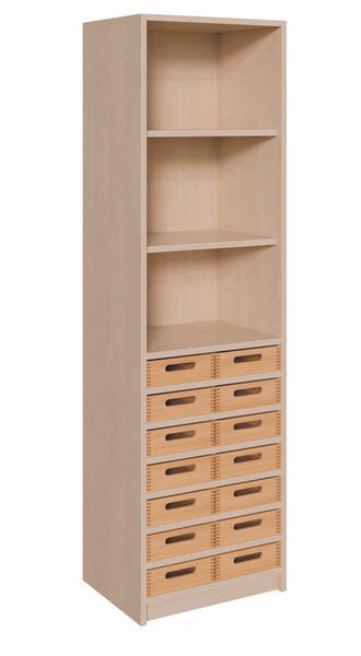 Schrank mit 14 flachen Massivholzkästen (B/H/T: 52 x 180 x 40 cm)
