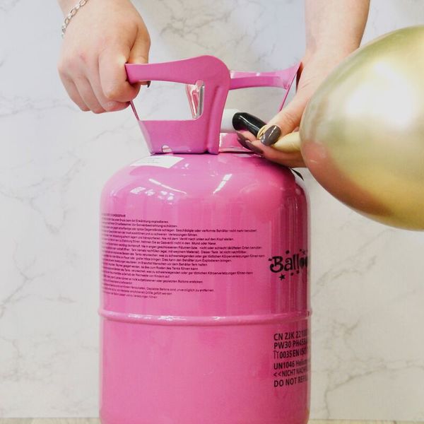pink gas cylinder, propane cylinder, tank with handle, balloon inflator, aerosol-like cylinder