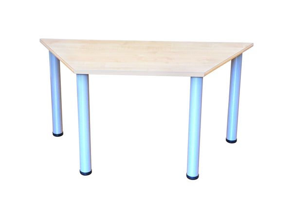 Zargenloser Trapeztisch 120x60 cm, Birke Dekor, Metallbeine feststehend Zargenloser Trapeztisch 120x60 cm, Birke Dekor, Metallbeine feststehend