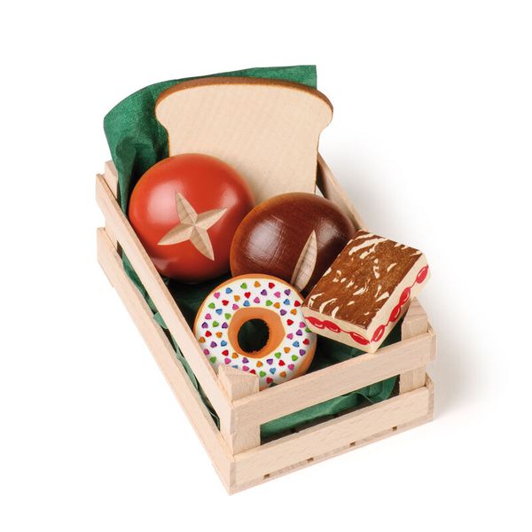 Holzkiste, Miniatur-Nahrungsmittel, Spielzeug-Nahrung, Donut, Brot, Kuchen, Spielzeignahrungsmittel