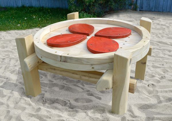 Holzspiel, Sandkasten, Tisch, Rund, Rote Platten