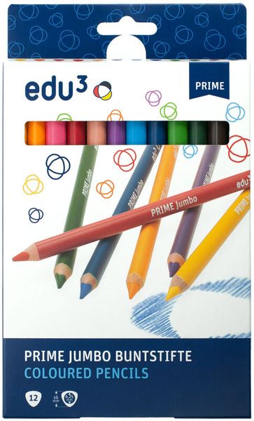 edu³ PRIME Jumbo Tri Dreikant-Buntstift, in 12 Farben sortiert, 12 Stück