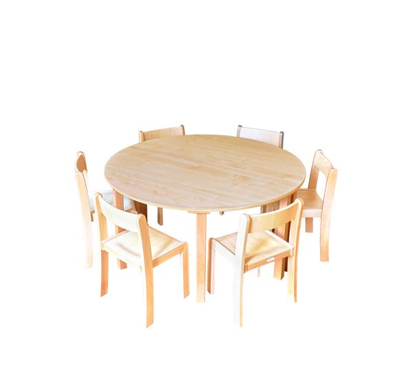 Tisch-Stuhl-Kombination Rund, zargenlos, Buche hell, Holzbeine, Sitzhöhe wählbar Tisch-Stuhl-Kombination Rund, zargenlos, Buche hell, Holzbeine, Sitzhöhe wählbar