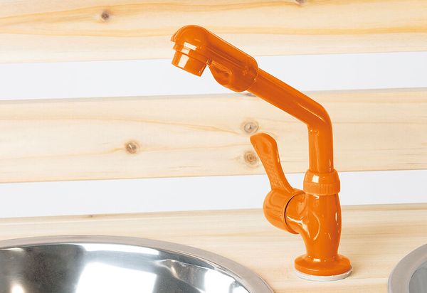 kitchen faucet, orange faucet, swing-out faucet, stainless sink, basin tap