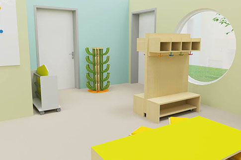 Raum für die Gaderobe mit Sitzmöglichkeiten im Kindergarten