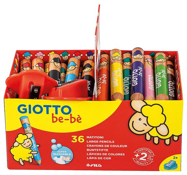 GIOTTO be-bè Jumbo, runde Buntstifte, inkl. 3 Spitzer, ab 2 Jahre, in 12 Farben sortiert, 36 Stück